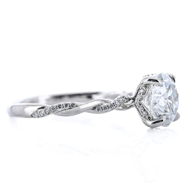 2.12CTW Round Diamond Engagement Ring - Hidden Scalloped Halo + Twisted Diamond Band - 14K White Gold