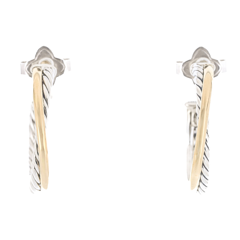 David Yurman | Cable Crossover Hoop Earrings - 925 Sterling Silver + 18K Yellow Gold