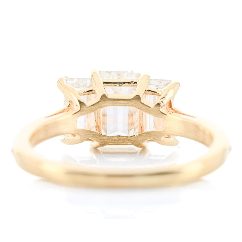 1.97CTW Emerald + Baguette Diamond Three Stone Engagment Ring - Pavé Band - 14K Yellow Gold