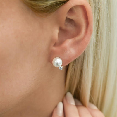 .20CTW Diamond + Akoya Pearl Stud Earrings -  Suspended Diamond - 14K White Gold