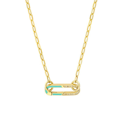 Diamond + Enamel Push Lock Pendant - Teal & Yellow Gold