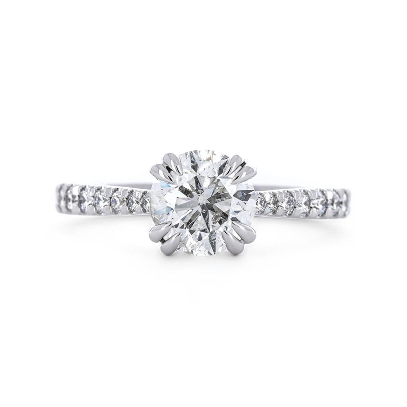 2.05ctw Round Solitaire Diamond Engagement Ring, Double Claw Prong, Pavê Band - 14K White Gold