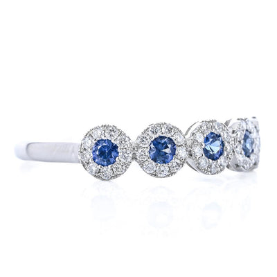 .58CTW Round Sapphire + Diamond Band - Halo - 14K White Gold