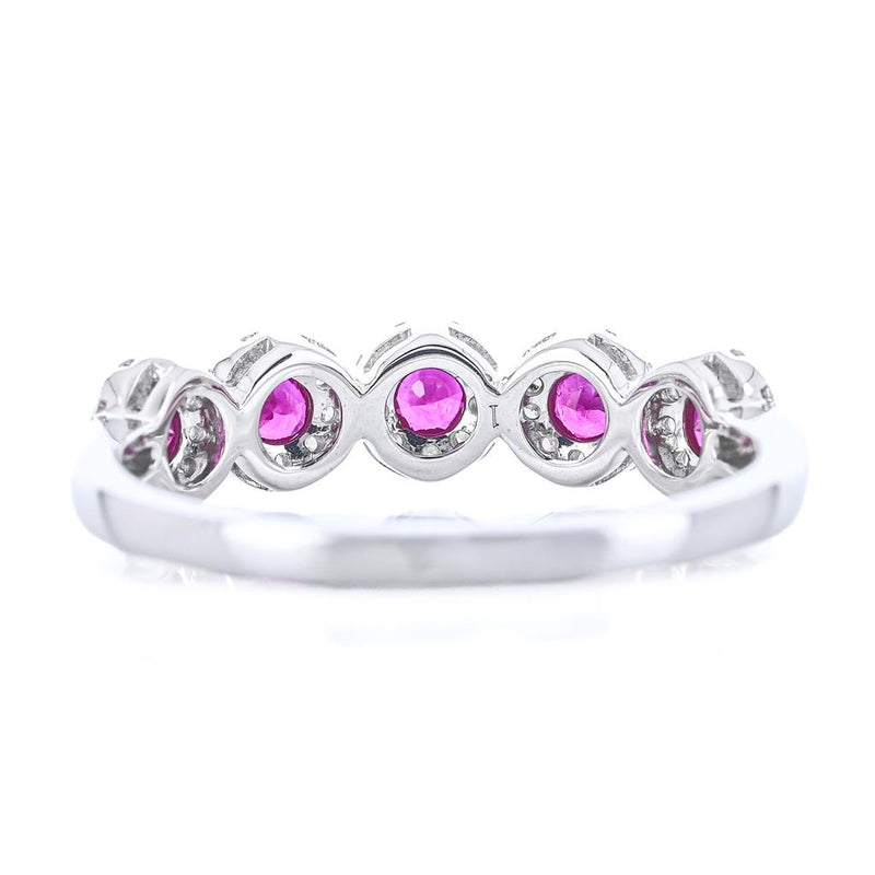 .59CTW Round Ruby + Diamond Band - Halo - 14K White Gold