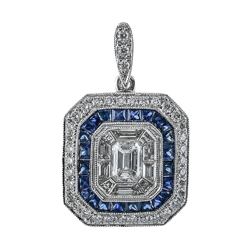 1.4CTW Emerald + Baguette  Diamond Pendant - Sapphire Halo - 14K White Gold