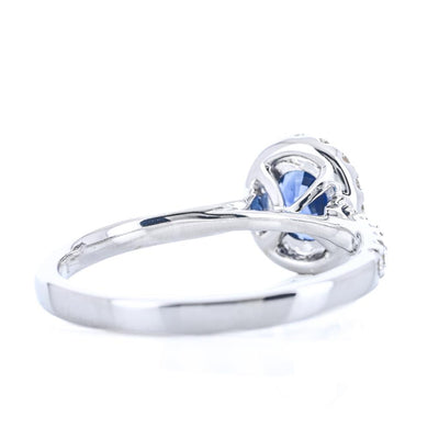 1.15CTW Round Sapphire + Diamond Engagement Ring - Halo + Pavé Band - 18K White Gold