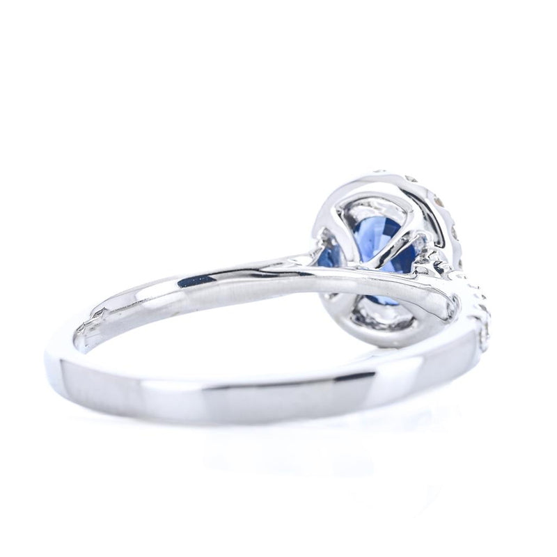 1.15CTW Round Sapphire + Diamond Engagement Ring - Halo + Pavé Band - 18K White Gold