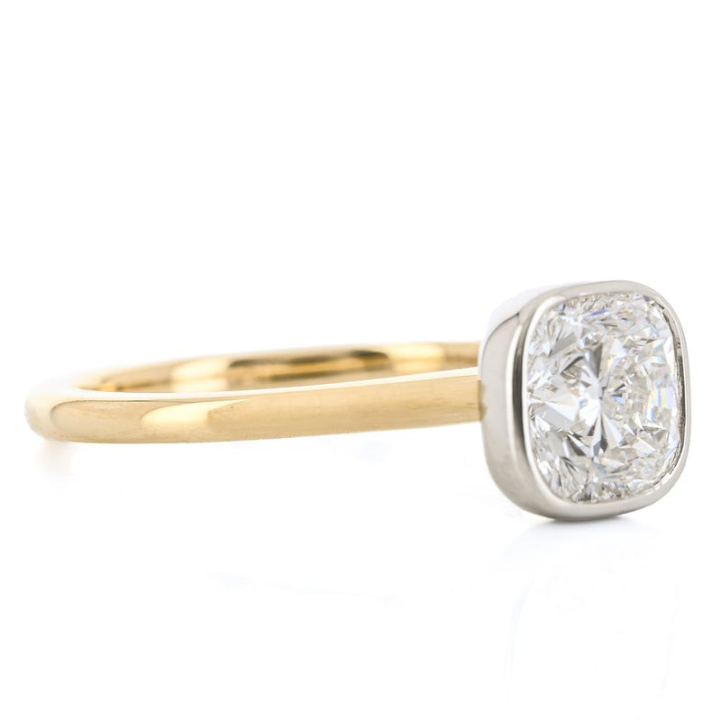 1.47CT Cushion Diamond Engagment Ring - Bezel + Solitaire - 14K Yellow Gold + 950 Platinum
