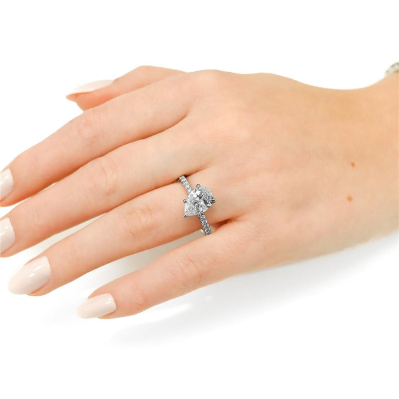 1.95CTW Pear Diamond Engagement Ring - Slanted Solitaire + Pave Band - 14K White Gold