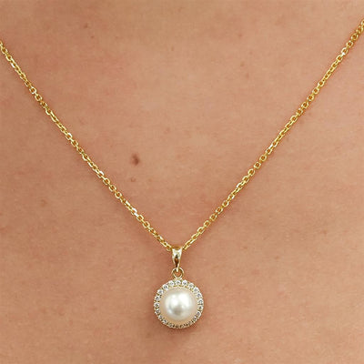 .08CTW Diamond + Cultured Freshwater Pendant - Halo - 14K Yellow Gold