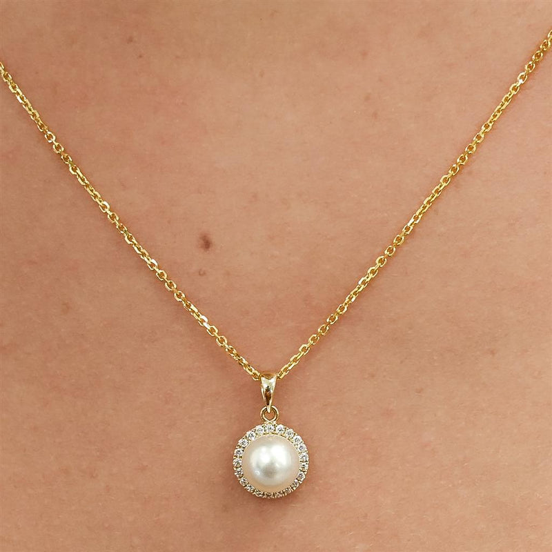 .08CTW Diamond + Cultured Freshwater Pendant - Halo - 14K Yellow Gold