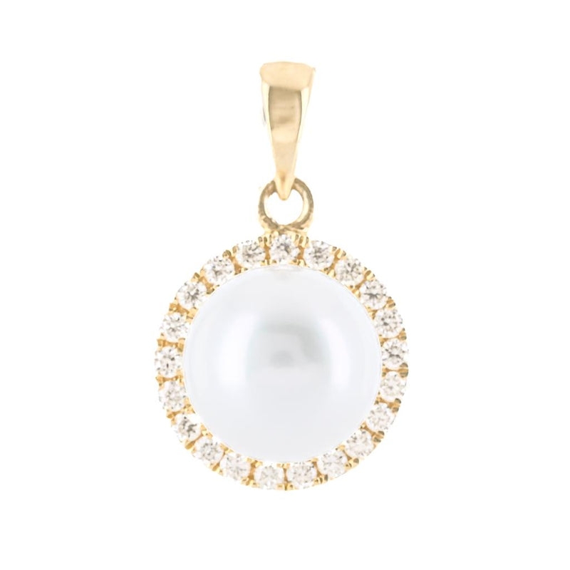 .08CTW Diamond + Cultured Freshwater Pendant - Halo - 14K Yellow Gold
