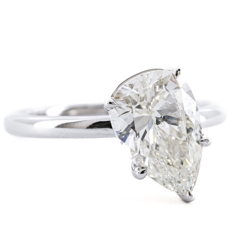 2.48CT Pear Diamond Engagement Ring - Slanted Solitaire - 14K White Gold