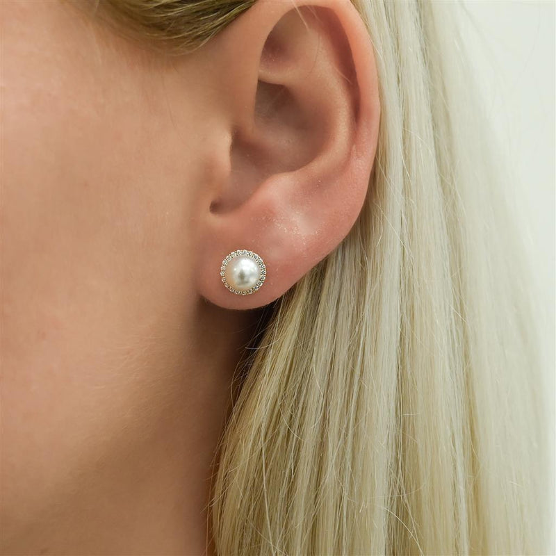 .15 Diamond + Cultured Freshwater Pearl Stud Earrings - Halo - 14K Yellow Gold