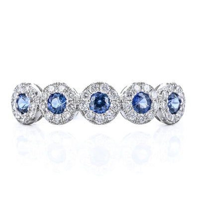 .58CTW Round Sapphire + Diamond Band - Halo - 14K White Gold