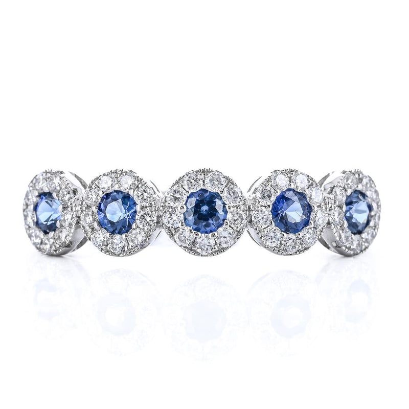 .58CTW Round Sapphire + Diamond Band - Halo - 14K White Gold