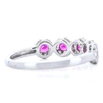 .59CTW Round Ruby + Diamond Band - Halo - 14K White Gold