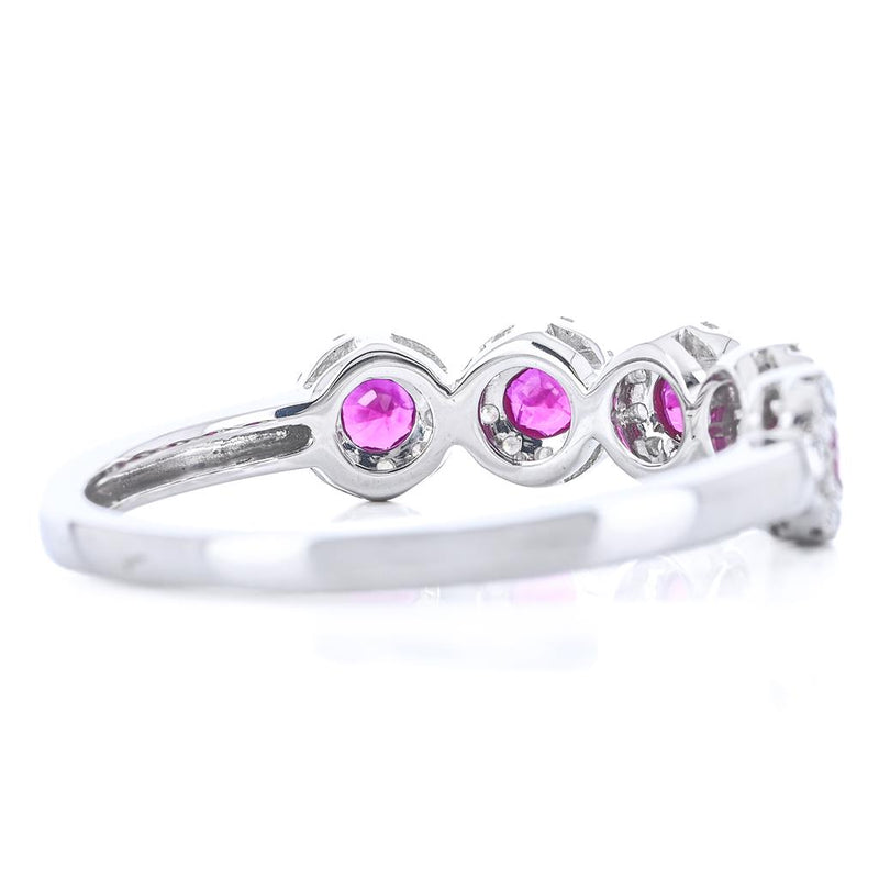 .59CTW Round Ruby + Diamond Band - Halo - 14K White Gold