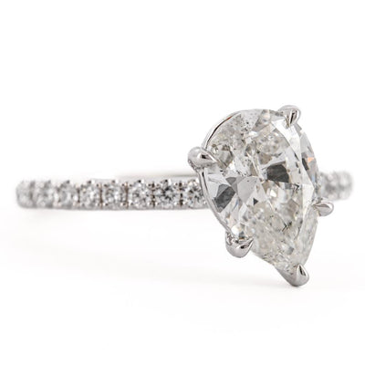 1.95CTW Pear Diamond Engagement Ring - Slanted Solitaire + Pave Band - 14K White Gold