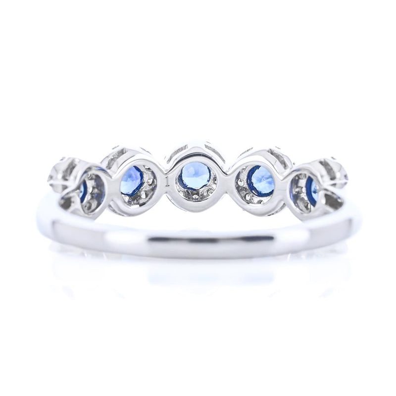 .58CTW Round Sapphire + Diamond Band - Halo - 14K White Gold