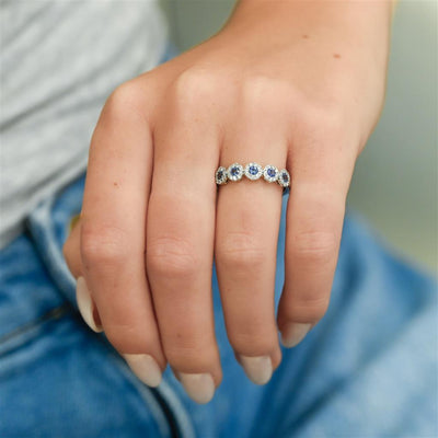 .58CTW Round Sapphire + Diamond Band - Halo - 14K White Gold