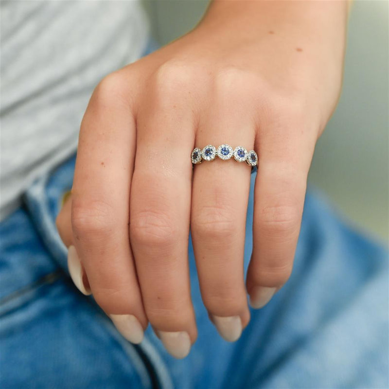 .58CTW Round Sapphire + Diamond Band - Halo - 14K White Gold