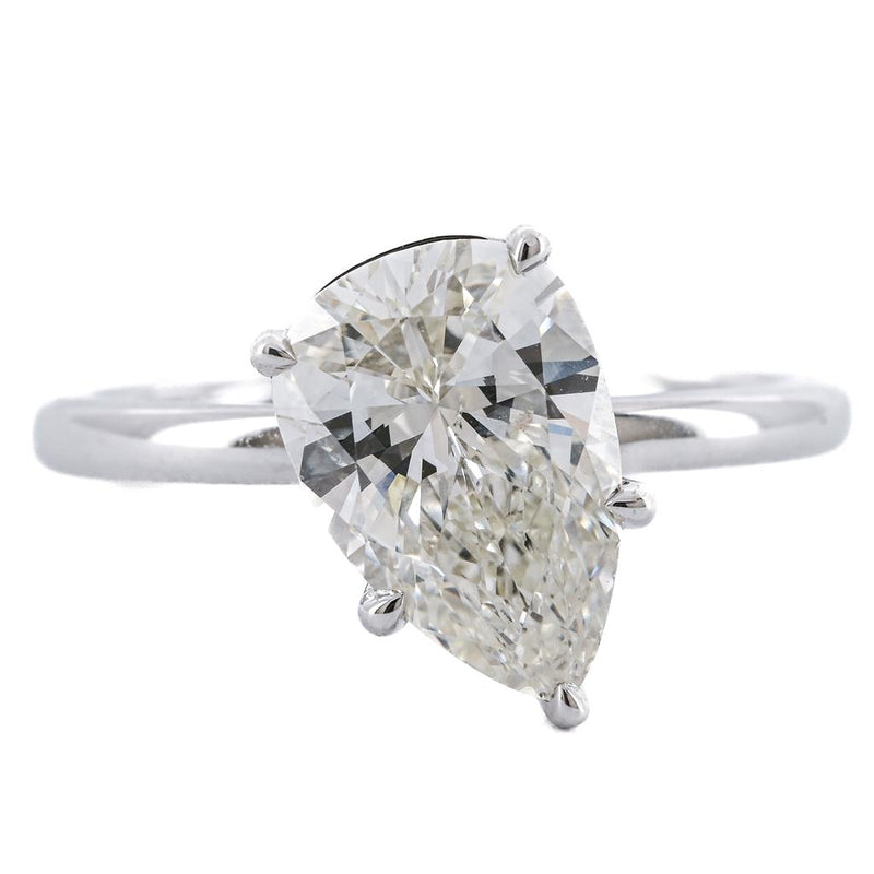 2.48CT Pear Diamond Engagement Ring - Slanted Solitaire - 14K White Gold