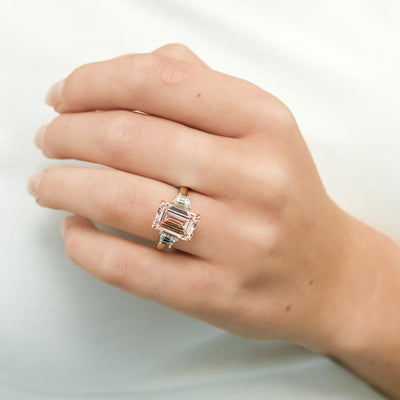 4.35CTW Fancy Pink Emerald + Trapezoid Diamond Three Stone Engagement Ring - 18K Rose Gold + 950 Platinum