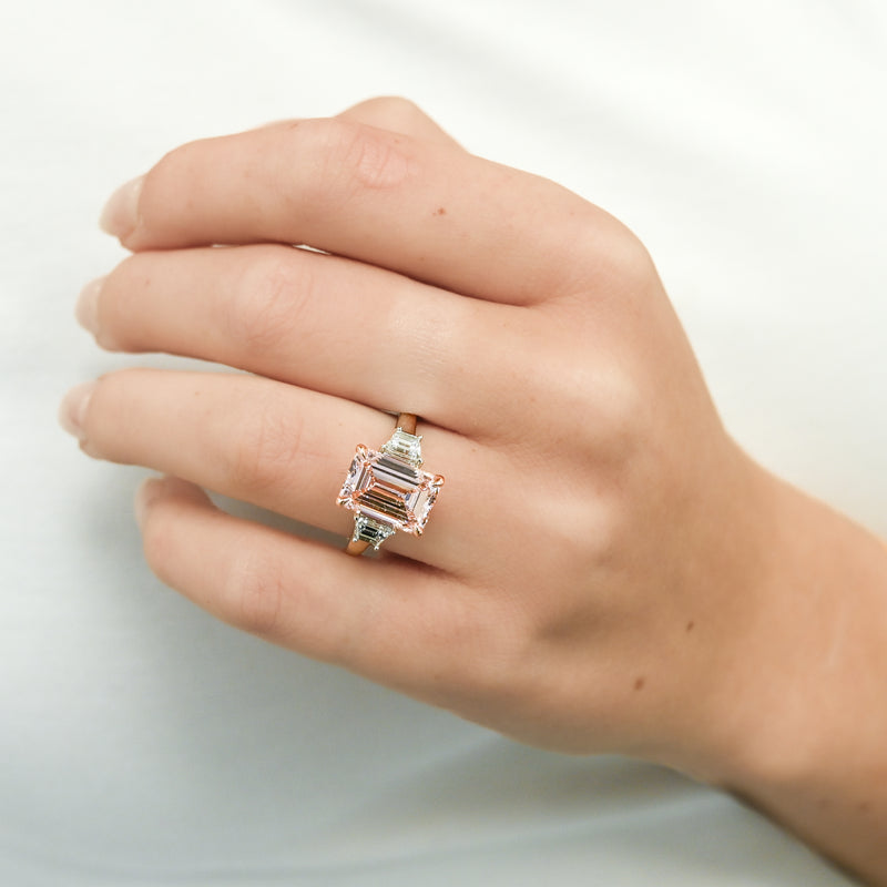 4.35CTW Fancy Pink Emerald + Trapezoid Diamond Three Stone Engagement Ring - 18K Rose Gold + 950 Platinum