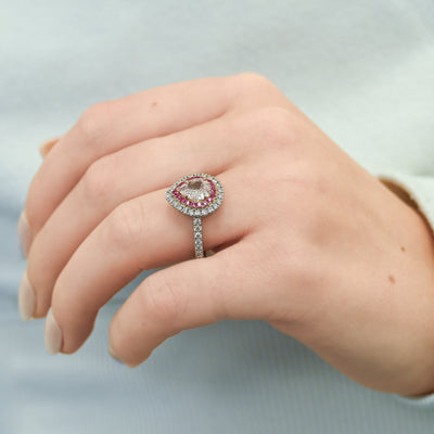 1.28CTW Pear Diamond Engagement Ring - Double Halo - 14K Rose Gold + 14K White Gold