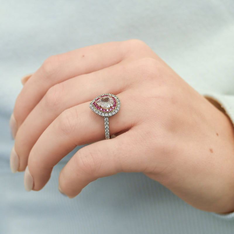1.28CTW Pear Diamond Engagement Ring - Double Halo - 14K Rose Gold + 14K White Gold