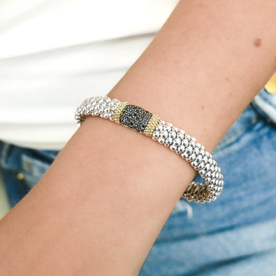 Lagos | Black Spinel Caviar Station Bracelet, 6.5" - 18K Yellow Gold + 925 Sterling Silver
