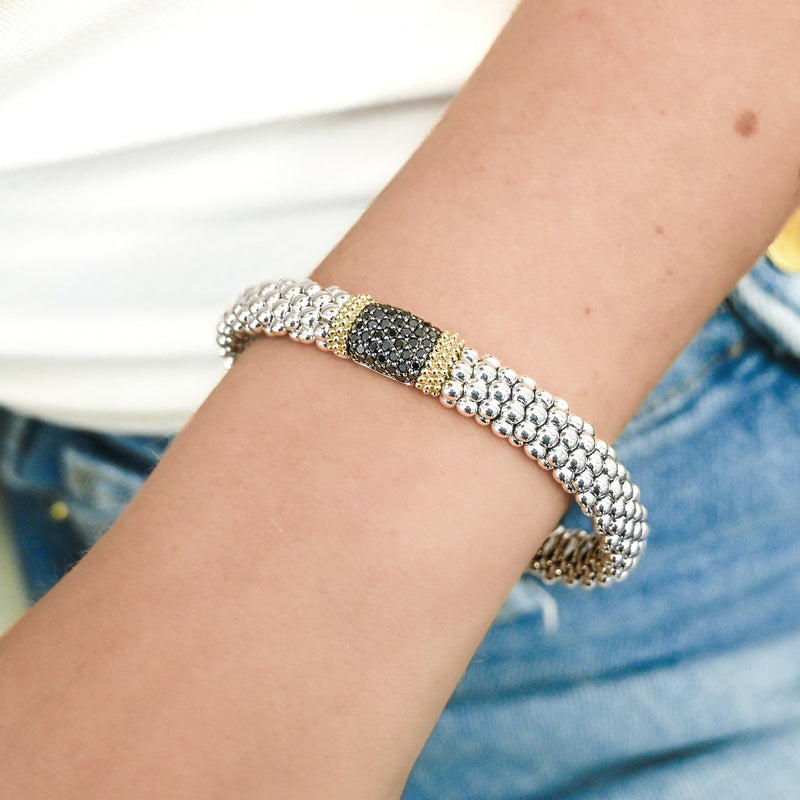Lagos | Black Spinel Caviar Station Bracelet, 6.5" - 18K Yellow Gold + 925 Sterling Silver