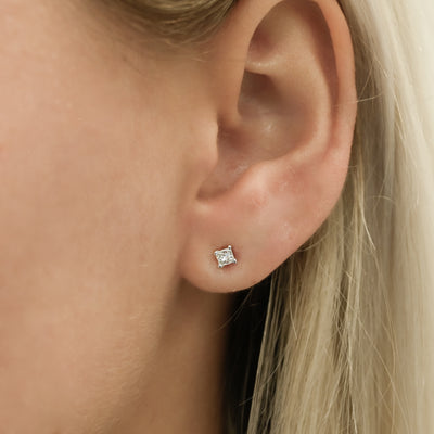 .27CTW Princess Diamond Stud Earrings - Martini Set + 4 Prong - 14K White Gold