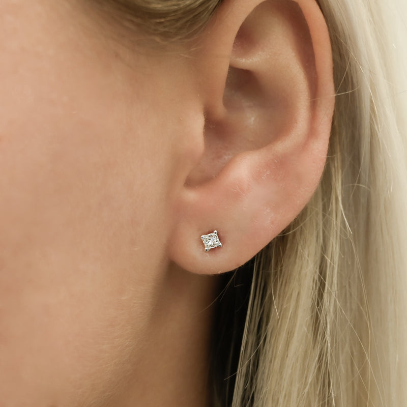 .27CTW Princess Diamond Stud Earrings - Martini Set + 4 Prong - 14K White Gold