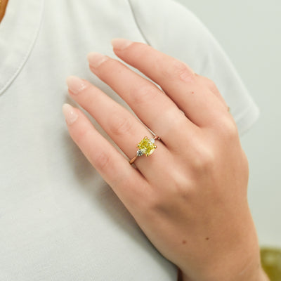 1.79CTW Fancy Yellow Cushion + Round Lab Grown Diamond Three Stone Engagement Ring - 14K White Gold + 18K Yellow Gold