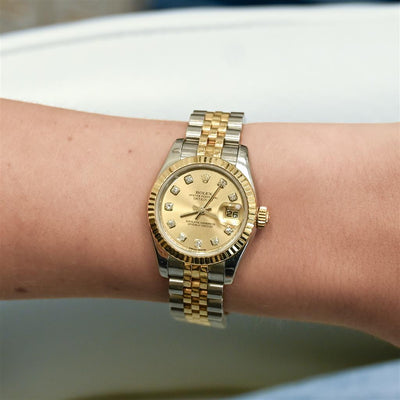 Rolex | 26MM Datejust, Champagne Diamond Dial - Stainless Steel - 179173