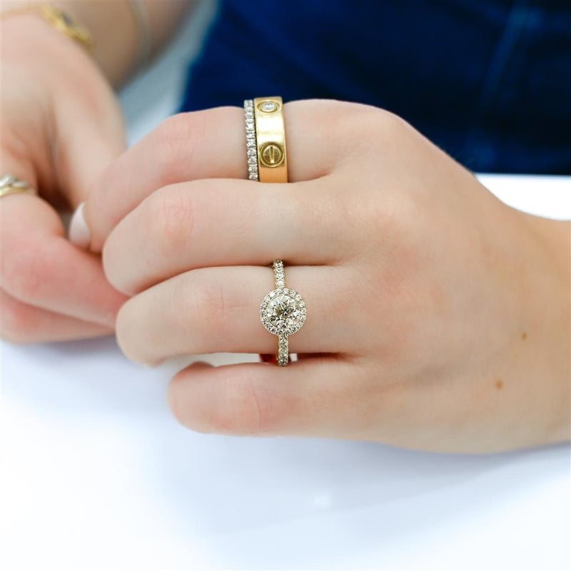 1.24CTW Old European Diamond Engagement Ring - Halo + Bezel - 14K Yellow Gold