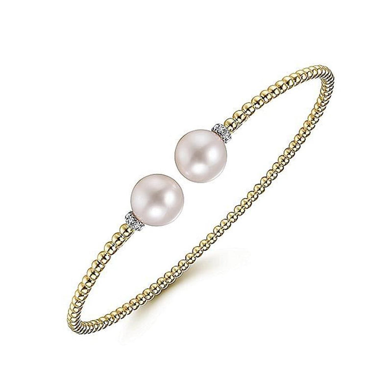 Beaded Bujukan Pearl Split Bracelet, Diamond Caps, - 6.5", 14k Yellow Gold, 3.2mm