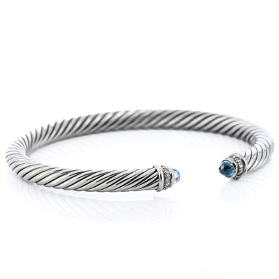 David Yurman | .07CTW Round Diamond + Blue Topaz Cable Bracelet, 6.5" - 925 Sterling Silver