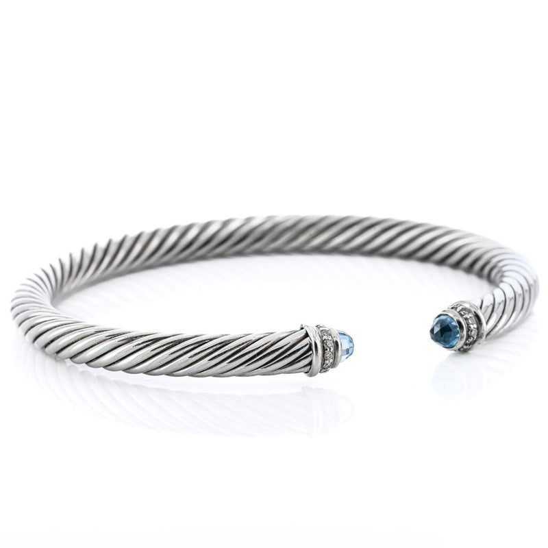 David Yurman | .07CTW Round Diamond + Blue Topaz Cable Bracelet, 6.5" - 925 Sterling Silver