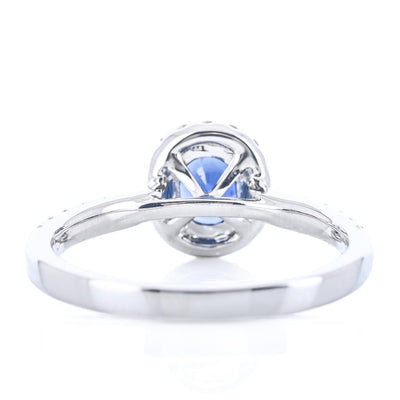 1.15CTW Round Sapphire + Diamond Engagement Ring - Halo + Pavé Band - 18K White Gold