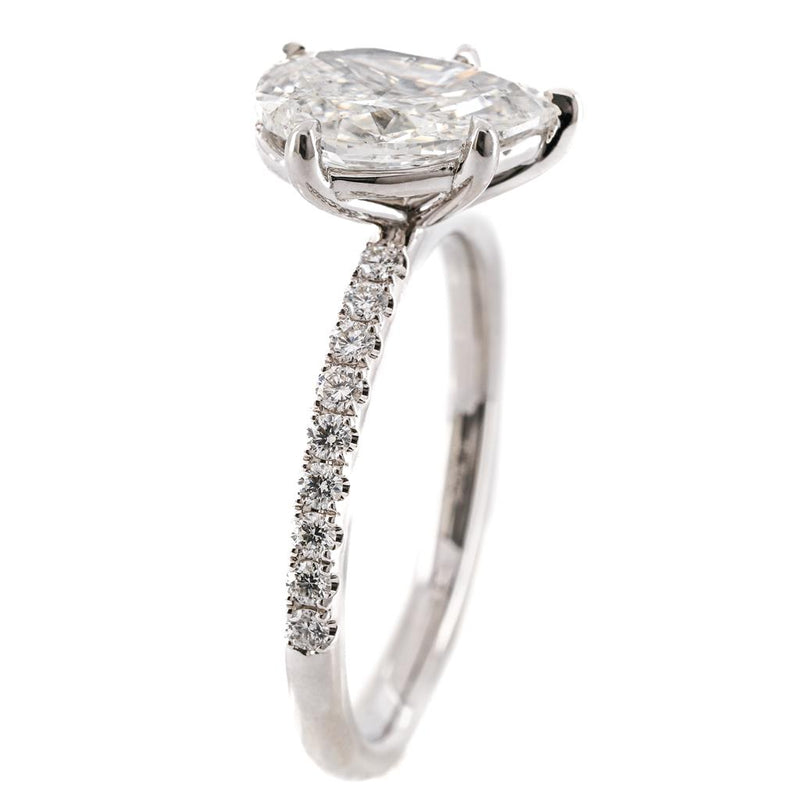 1.95CTW Pear Diamond Engagement Ring - Slanted Solitaire + Pave Band - 14K White Gold