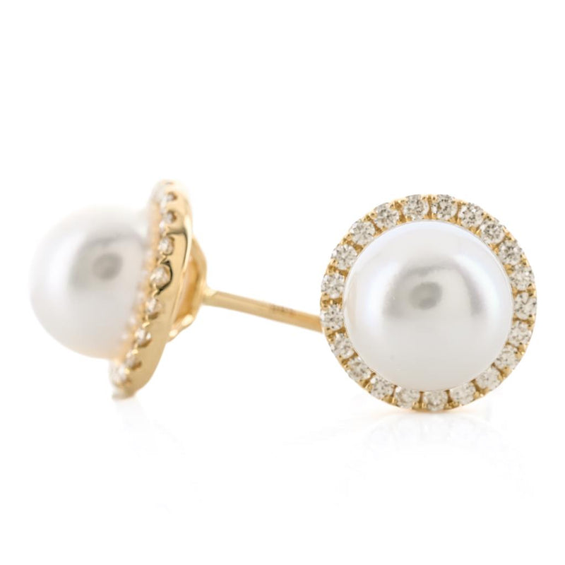 .15 Diamond + Cultured Freshwater Pearl Stud Earrings - Halo - 14K Yellow Gold