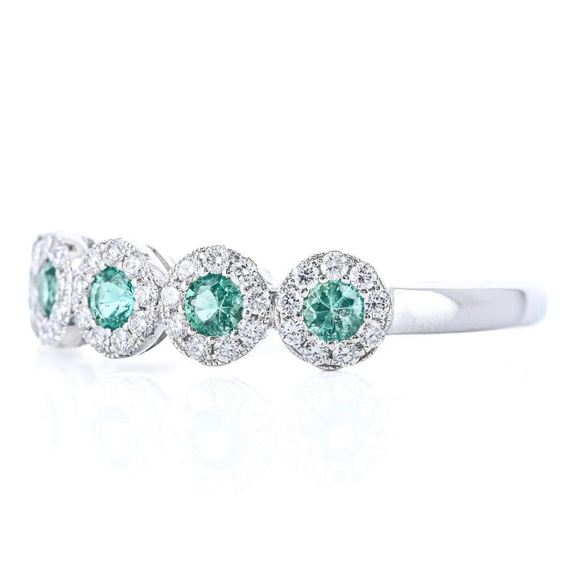 .51CTW Round Emerald + Diamond Band - Halo - 14K White Gold