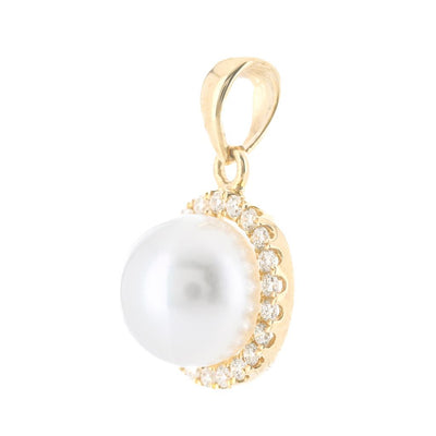 .08CTW Diamond + Cultured Freshwater Pendant - Halo - 14K Yellow Gold