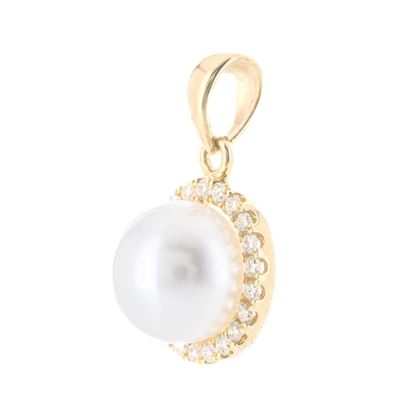 .08CTW Diamond + Cultured Freshwater Pendant - Halo - 14K Yellow Gold