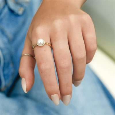 .08CTW Diamond + Cultured Freshwater Pearl Ring - Halo + Cathedral - 14K Yellow Gold