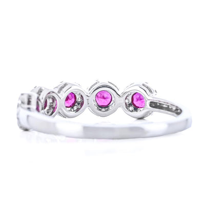 .59CTW Round Ruby + Diamond Band - Halo - 14K White Gold