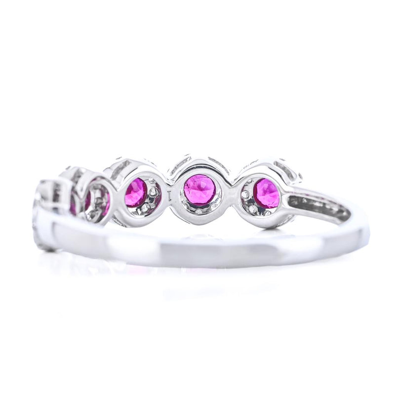 .59CTW Round Ruby + Diamond Band - Halo - 14K White Gold